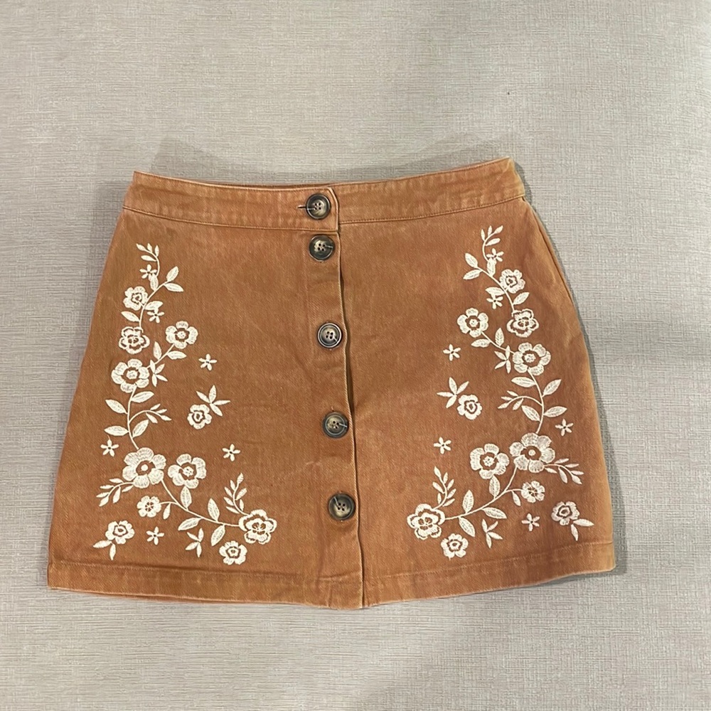 Brown, embroidered button, front denim, mini